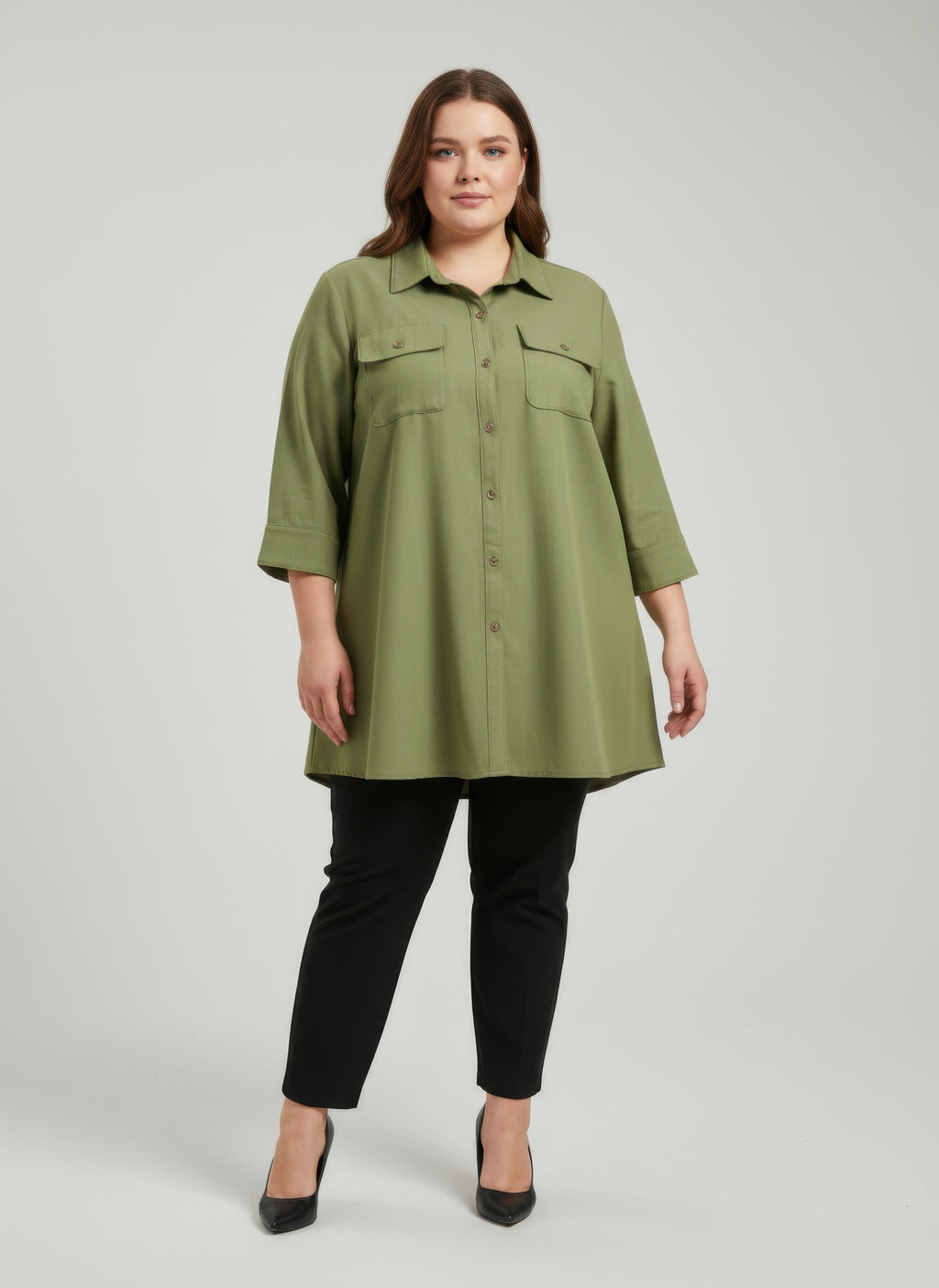 Sand Utility Plus Size Tunic Women's Olive Green Shirt Button-up 3/4 Sleeve Top