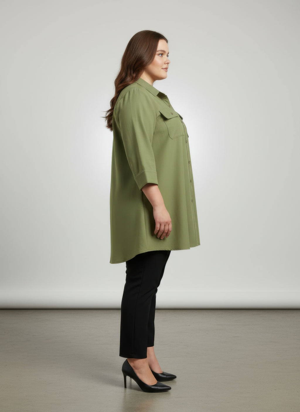 Sand Utility Plus Size Tunic Women's Olive Green Shirt Button-up 3/4 Sleeve Top