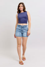 Judy Blue Denim Shorts Mid Rise Medium Wash Cotton Cutt Off Comfort Denim