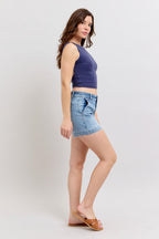 Judy Blue Denim Shorts Mid Rise Medium Wash Cotton Cutt Off Comfort Denim