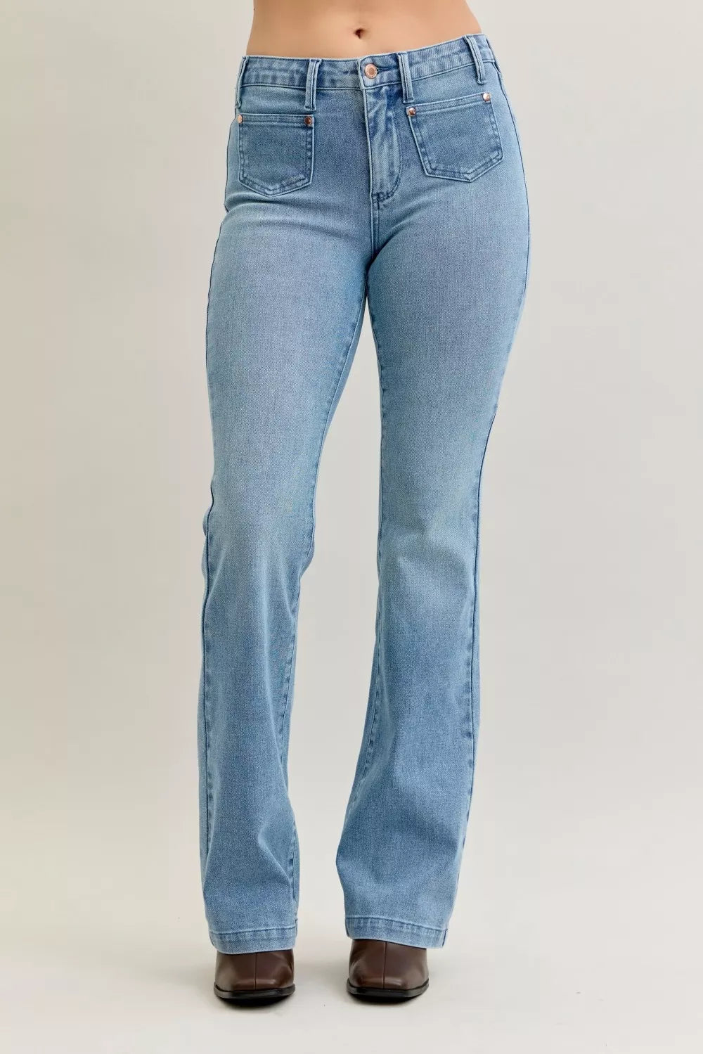 Judy Blue Bootcut Jeans Mid Rise with Contrast Wash & Front Patch Pockets MD Judy_Blue_Bootcut_Jeans_Mid_Rise_with_Contrast_Wash_Front_Patch_Pockets Trendsi