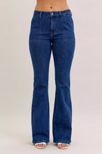 Judy Blue Flare Jeans High Waist Dark Wash with Front Patch Pockets DK Judy_Blue_Flare_Jeans_High_Waist_Dark_Wash_with_Front_Patch_Pockets Trendsi