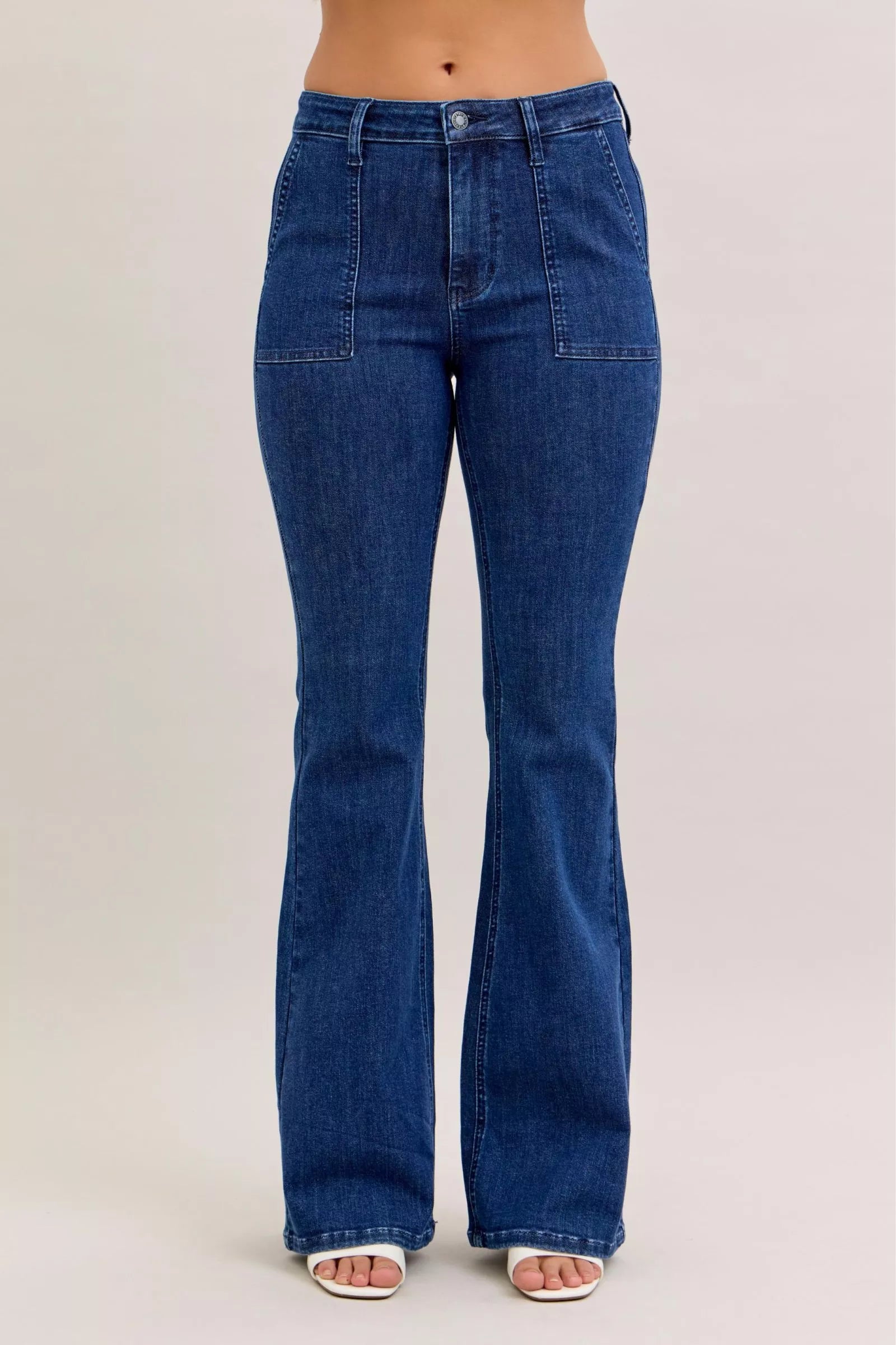 Judy Blue Flare Jeans High Waist Dark Wash with Front Patch Pockets DK Judy_Blue_Flare_Jeans_High_Waist_Dark_Wash_with_Front_Patch_Pockets Trendsi