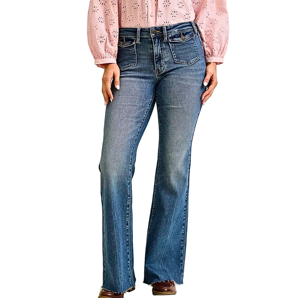 Judy Blue Flare Jeans Mid-Rise Retro Front Flap Pockets Medium Denim Wash Trousers