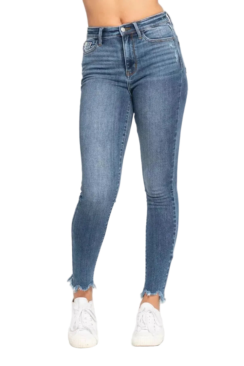 Judy Blue High Waist Skinny Destroy & Shark Bite Hem Jeans - Styleinger