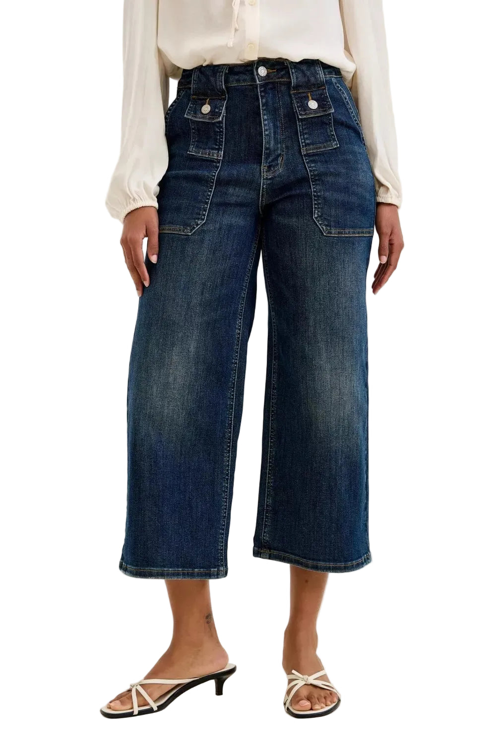 Judy Blue High Waist Wide Crop Utility Jeans with Patch Pocket