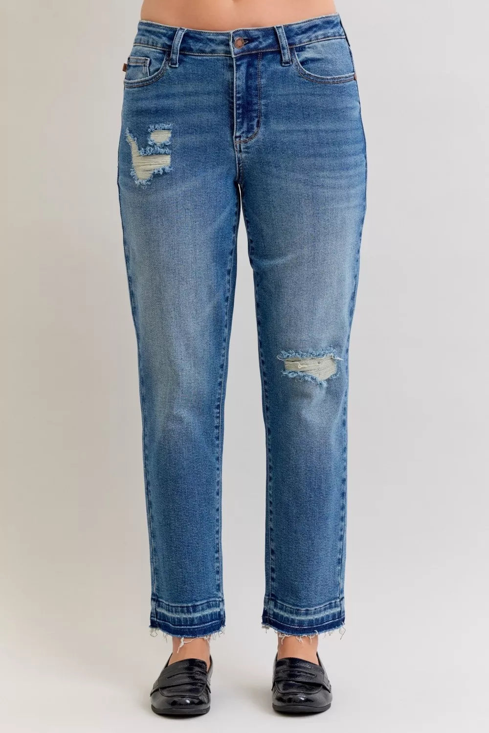 Judy Blue Jeans Boyfriend Patch & Repair Destroy Release Hem Mid Rise Plus Sizes MD Judy_Blue_Jeans_Boyfriend_Patch_Repair_Destroy_Release_Hem_Mid_Rise_Plus_Sizes Trendsi
