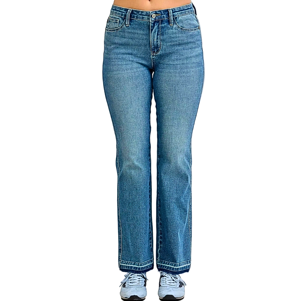 Judy Blue Jeans Mid Rise Slim Bootcut Tummy Control Raw Hem Medium Wash Denim