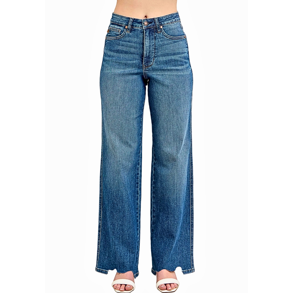 Judy Blue Jeans Wide Leg High Waisted Distressed Hem Medium Denim Wash Pants