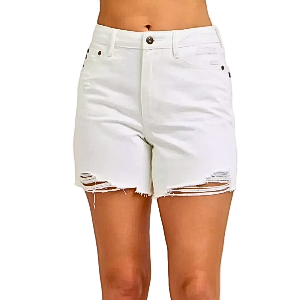 Judy Blue White Dad Denim Shorts High Waist Distressed Hem Casual Women's Jeans