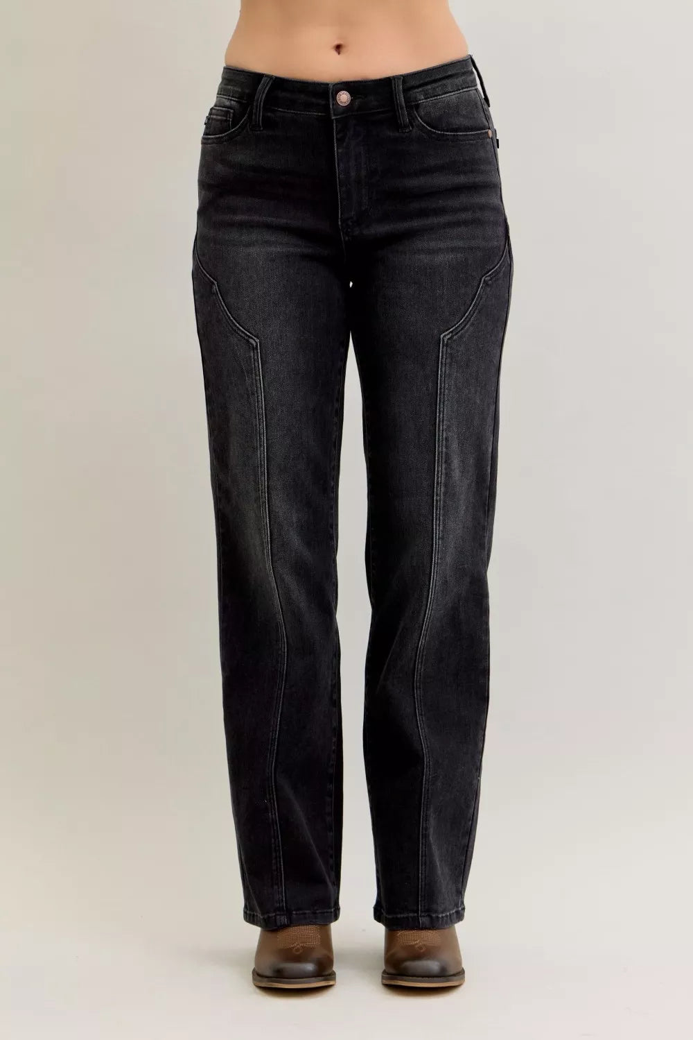 Judy Blue Womens Jeans Black Straight Western Seam Detail Mid Rise Denim Pants BK