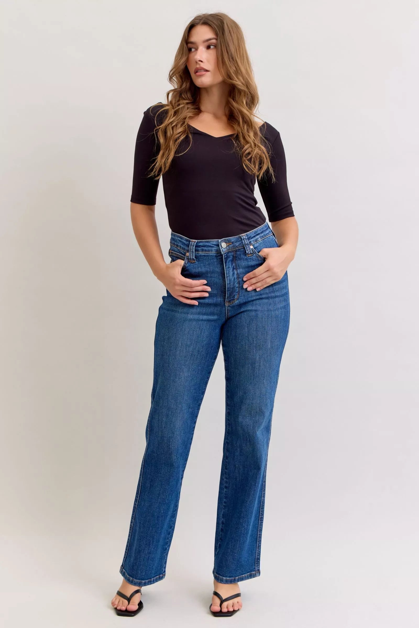 Judy Blue Womens Straight Jeans High Waist Tummy Control Mid Wash Denim MD Judy_Blue_Womens_Straight_Jeans_High_Waist_Tummy_Control_Mid_Wash_Denim Trendsi