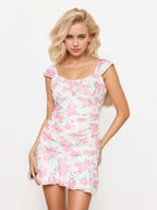 Bodycon-Minikleid mit Blumenmuster, ärmellos, gerafft, Trägern, Rüschensaum, Volant