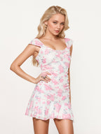 Bodycon-Minikleid mit Blumenmuster, ärmellos, gerafft, Trägern, Rüschensaum, Volant