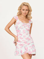 Bodycon-Minikleid mit Blumenmuster, ärmellos, gerafft, Trägern, Rüschensaum, Volant