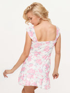 Bodycon-Minikleid mit Blumenmuster, ärmellos, gerafft, Trägern, Rüschensaum, Volant