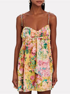 Mini Cami Dress Floral Colorful Print Tie-Shoulder Ruffled Sleeveless