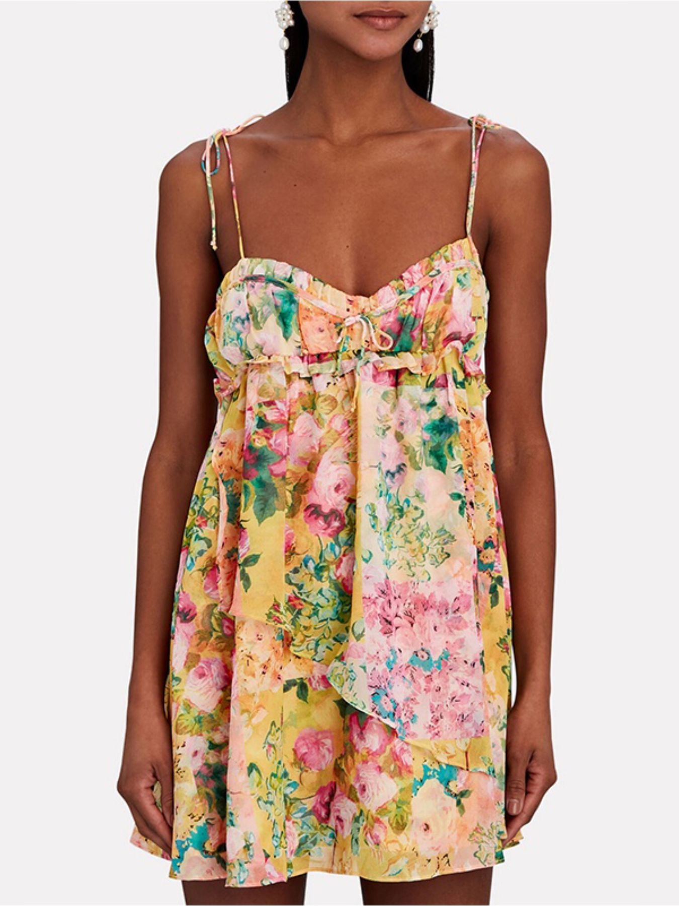 Mini Cami Dress Floral Colorful Print Tie-Shoulder Ruffled Sleeveless