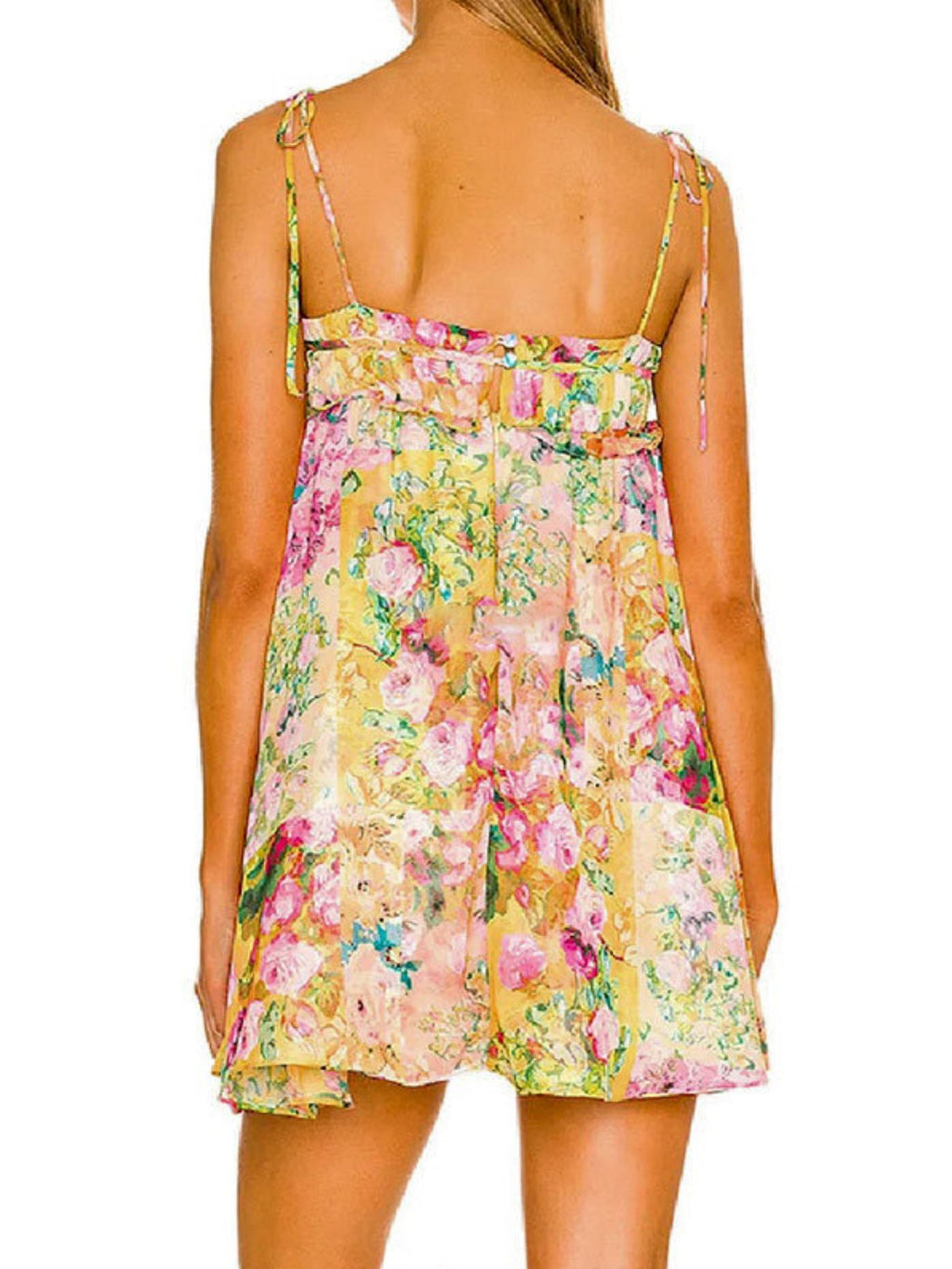 Mini Cami Dress Floral Colorful Print Tie-Shoulder Ruffled Sleeveless