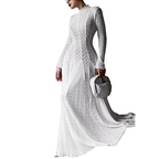 Lace Maxi Dress Mock Neck Long Sleeve White Sheer Lined Wave Ruffle Mesh