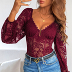 Sexy Floral Lace Bodysuit Burgundy V-Neck Long Sleeve Sheer Stretch One-pice Top