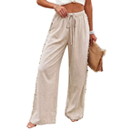 Linen Women's Pants Shell Side Tassel Casual Drawstring High Waist Wide Leg