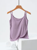 Women's Casual Basic Cami Top Built-in Bra Double Strap Tank Solid Blouses
