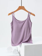Women's Casual Basic Cami Top Built-in Bra Double Strap Tank Solid Blouses