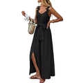 Maxi Dress Black V-Neck Floral Lace Strap Sleeveless Side Slit Tie Belted Fashion