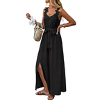 Maxi Dress Black V-Neck Floral Lace Strap Sleeveless Side Slit Tie Belted Fashion