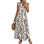 Maxi Dress Boho Paisley Balck Print V-Neck Ruffle Layered Short Sleeve