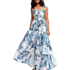 Maxi Dress Lace Floral Blue Lace Trim Square Neck Strappy Sleeveless