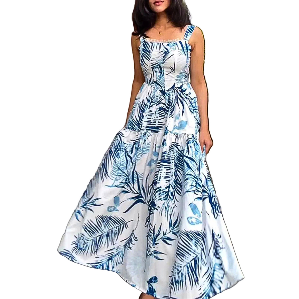 Maxi Dress Lace Floral Blue Lace Trim Square Neck Strappy Sleeveless