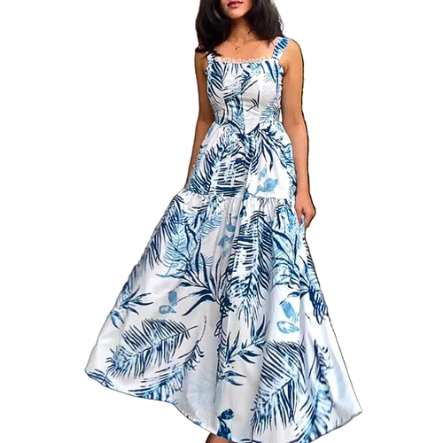 Maxi Dress Lace Floral Blue Lace Trim Square Neck Strappy Sleeveless