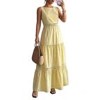 Maxi Dress Sleeveless Floral Lace Trim Round Neck Tied Ruffled Layered Yellow
