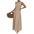 Maxi Dress Sleeveless Textured Round Neck Pleated Khaki Fashion Elegant