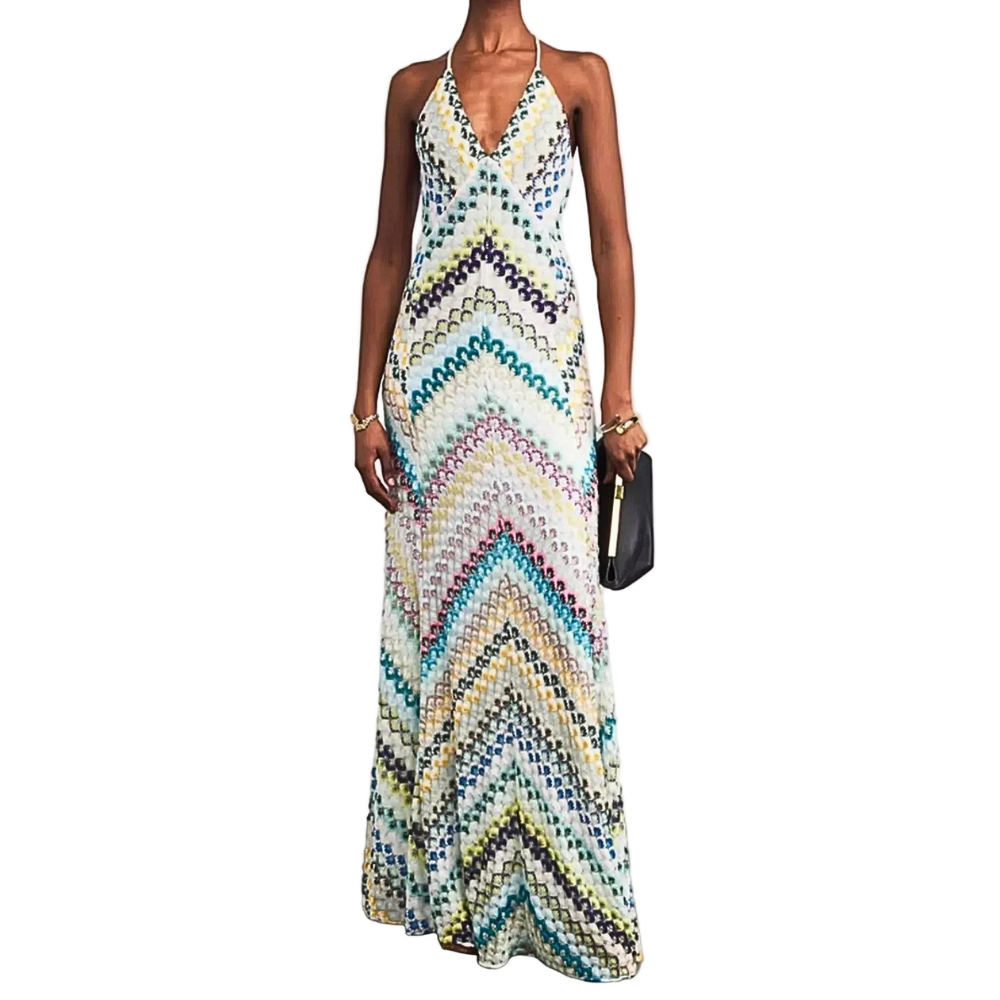 Maxi Dress V-Neck Multicolor Striped Backless Spaghetti Strap Sleeveless Party