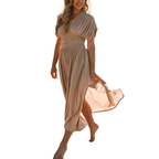 Maxi Dress V-Neck Ruched Smocked Waist Loose Short Sleeve Side Slit Plus Size