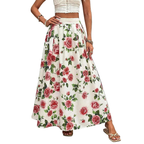 Maxi Skirt Floral Rose Print Flowing A-Line Pleated Ruffle Casual High Waisted