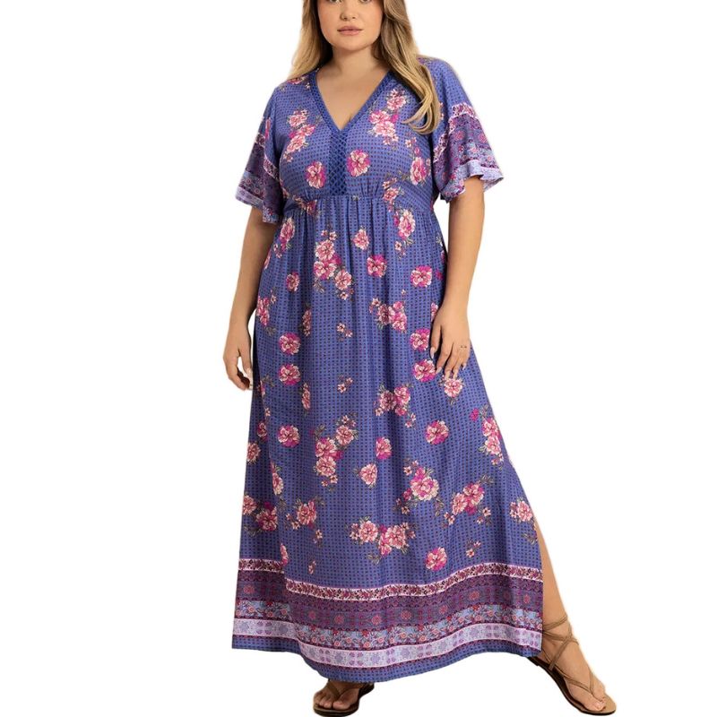 Plus Size Boho Maxi Dress Blue Purple Floral V-Neck Flutter Sleeve Women X-4XL