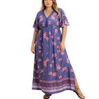 Plus Size Boho Maxi Dress Blue Purple Floral V-Neck Flutter Sleeve Women X-4XL