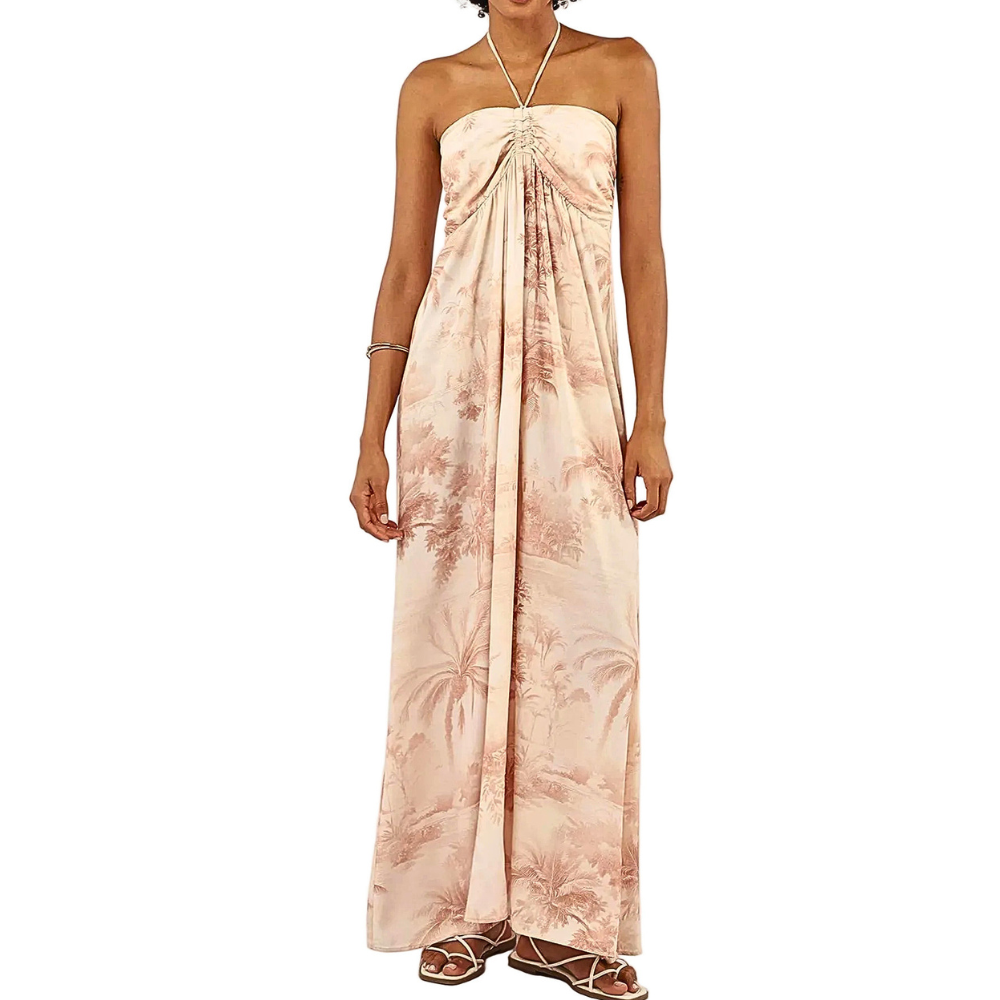 Maxi Dress Floral Taupe Tropical Print Halter Neck Tied Strapless Ruffle High Waist