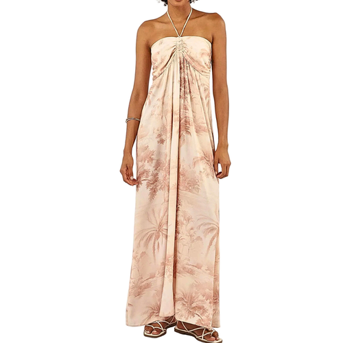 Maxi Dress Floral Taupe Tropical Print Halter Neck Tied Strapless Ruffle High Waist