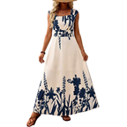 Maxi Dress Floral White Blue Sleeveless Square Neck Pleated High Waist A-Line