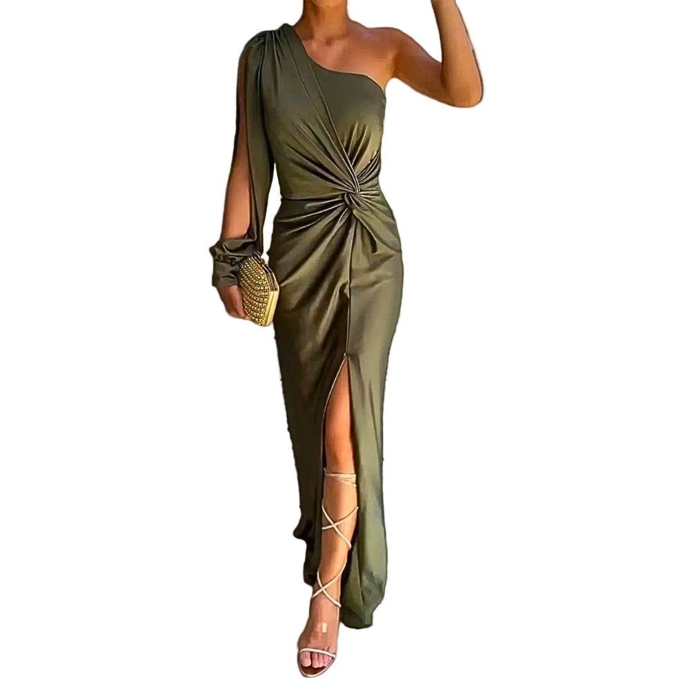 Maxi Dress One-Shoulder Neck Twist Pleated Side Slit Elegant Women's Party Dress