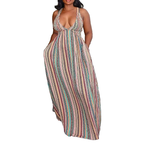Maxi Dress Striped Deep V-Neck Sleeveless Boho Backless Tied with Pockets