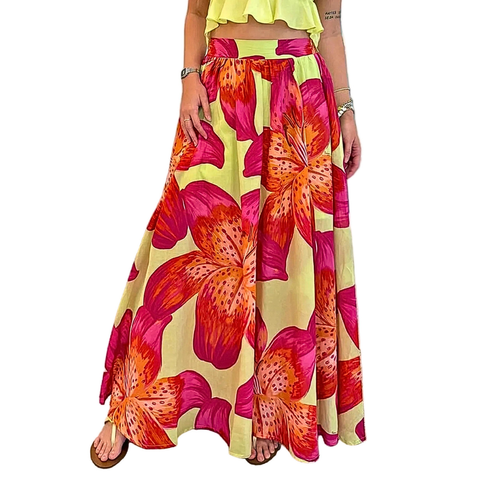 Maxi Skirt Floral Orange Flowing High Elastic Waist Ruffle A-Line Long Skirts