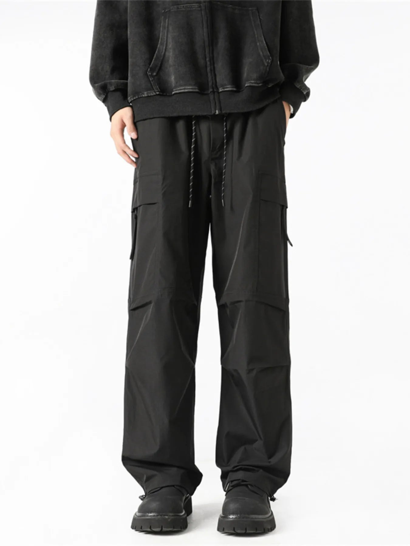 Men's Cargo Pants Loose Fit Drawstring Waist Pocketed Plus Sizes M-5XL Black