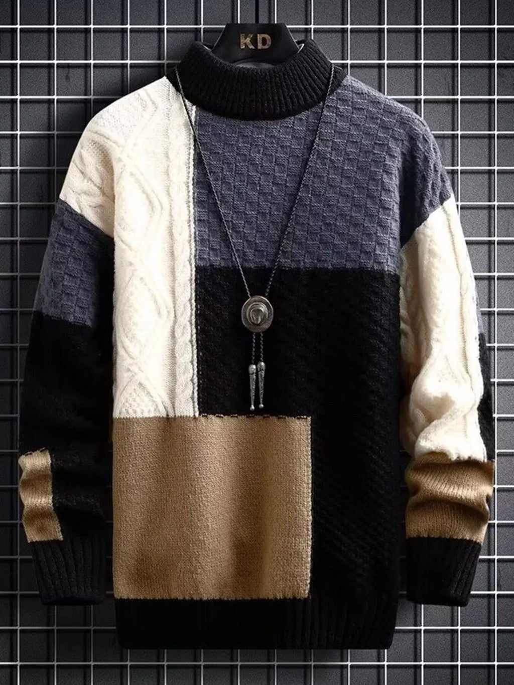 Men's Color Block Knitted Pullover Cable-Knit Ribbed Plus Sizes Sweater Black Men_s_Color_Block_Knitted_Pullover_Cable-Knit_Ribbed_Plus_Sizes_Sweater Trendsi