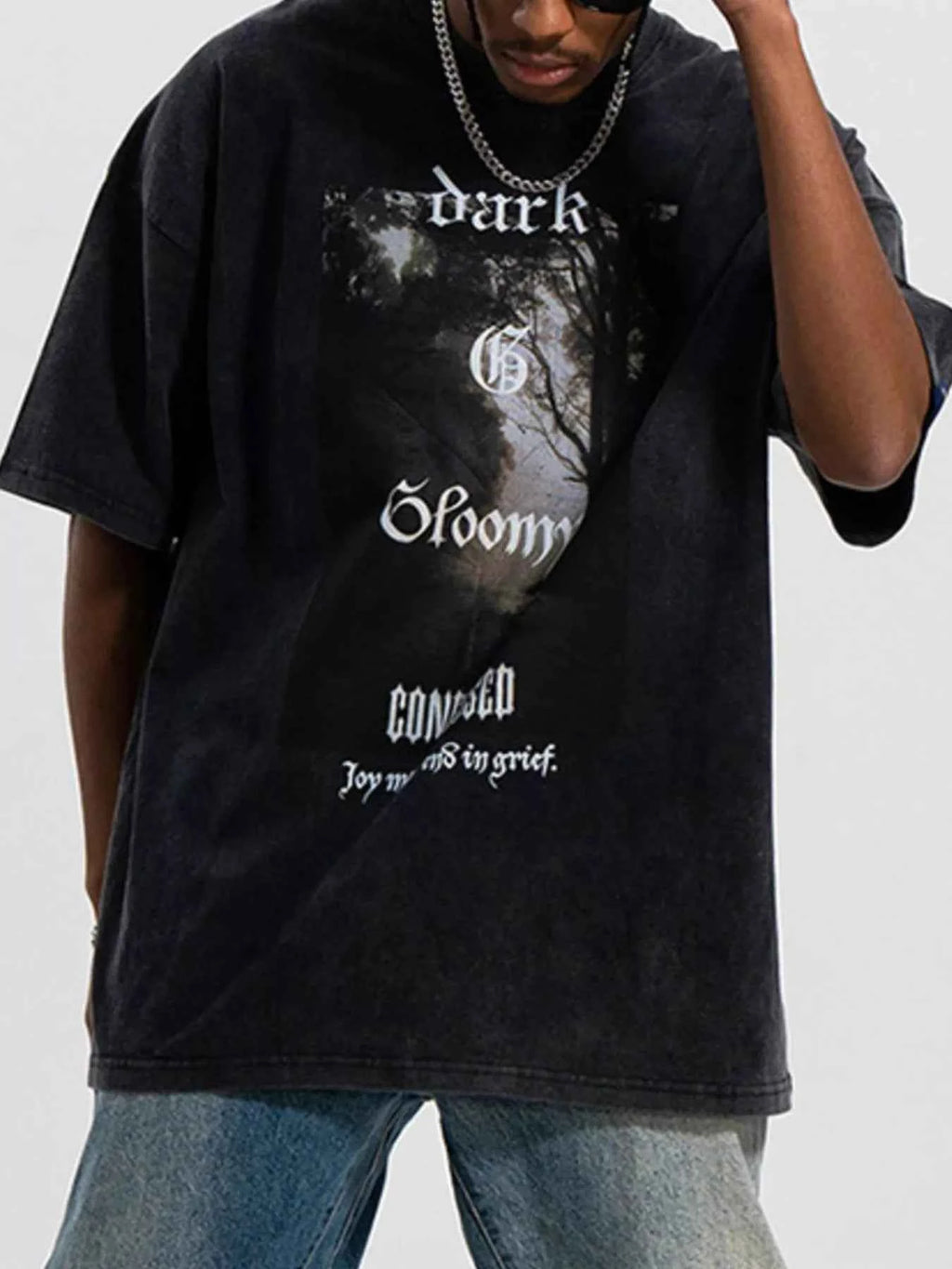 Men's Cotton T-Shirt Black Washed Graphic Oversized Short Sleeve Top